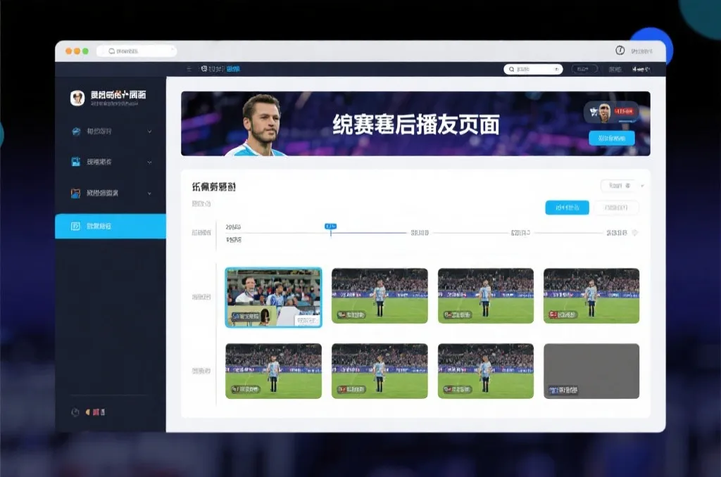 比赛结束后，电视屏幕展示集锦回放页面，旁边有时间轴和多角度切换提示